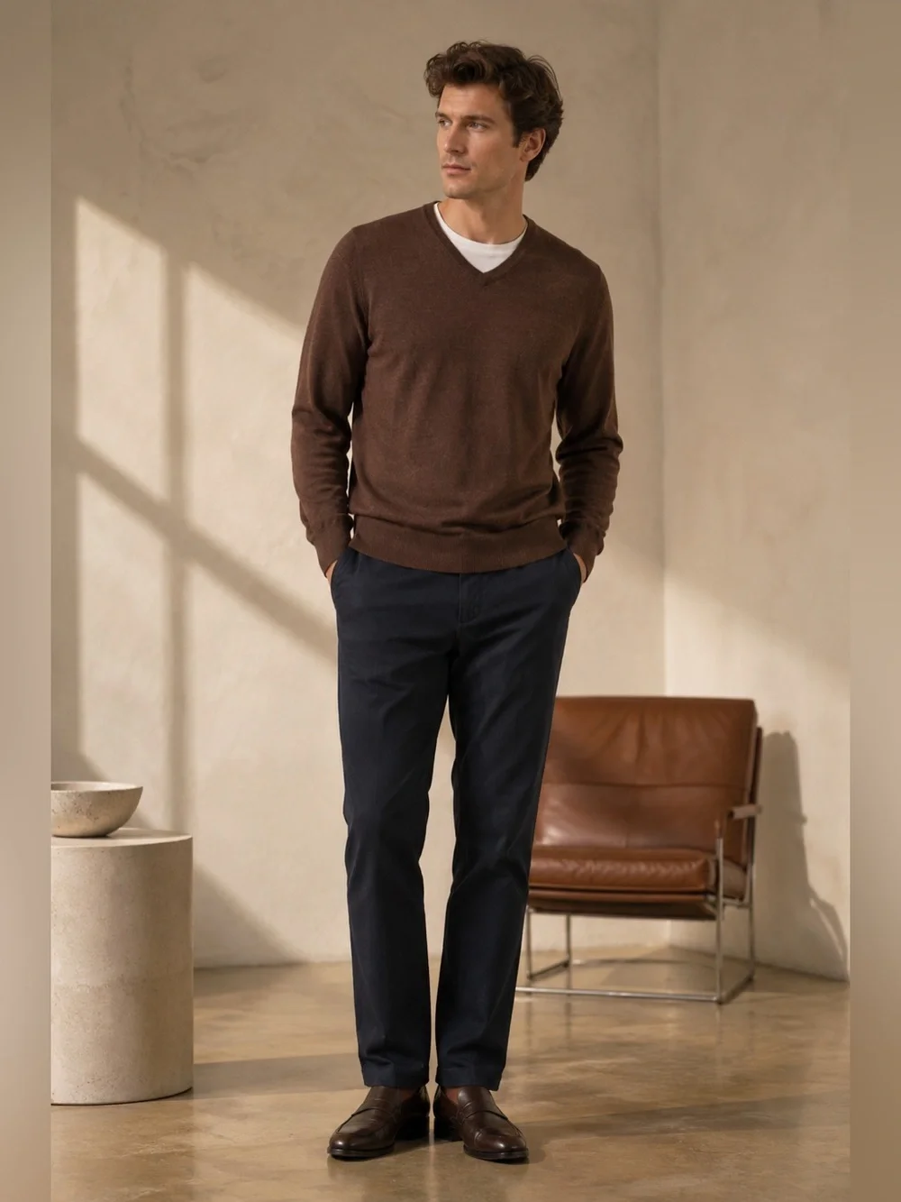 J.Crew Merino Wool V-Neck Sweater Mens Medium Brown Slim Fit Business Casual